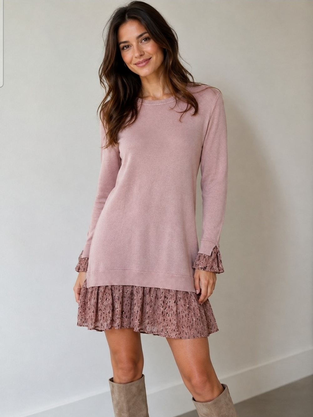 IMOGA Blush Pink Long Sleeve Knit Dress with Ruffle Hem Size 12